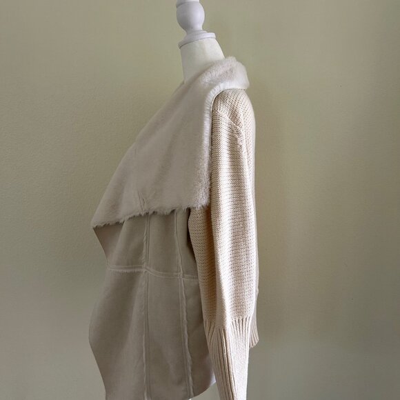 Hazel Cardigan Open Womens Beige/Cream Suede Faux Fur Sweater Size XL Mixed Knit - Picture 4 of 8